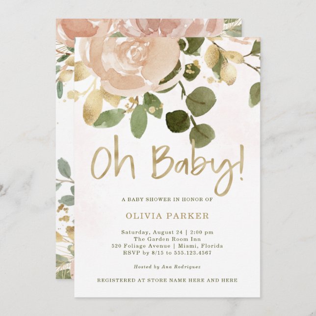 Neutral Watercolor Floral | Oh Baby Baby Shower Invitation (Front/Back)