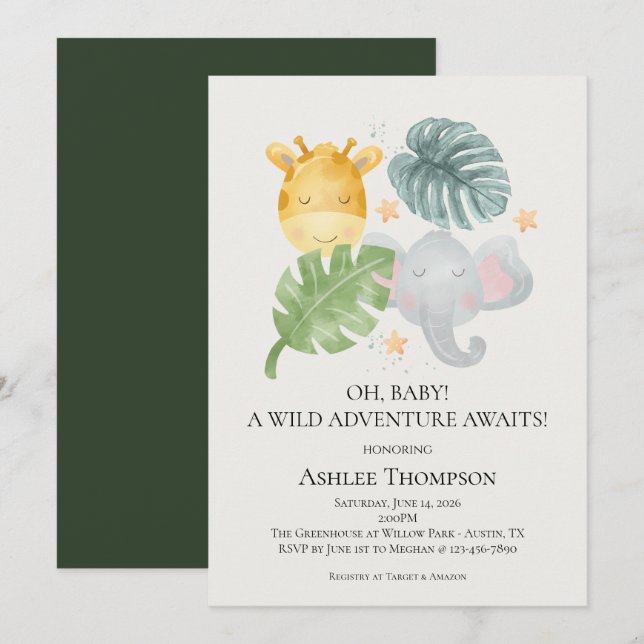 Neutral Watercolor Jungle Animals Baby Shower Invitation (Front/Back)