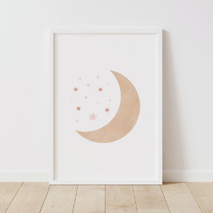 Neutral Watercolor Moon and Stars Nursery Poster