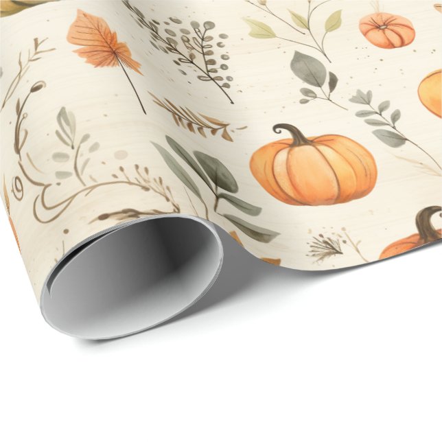 Neutral Watercolor Pumpkins and Fall Leaf Sprigs Wrapping Paper (Roll Corner)