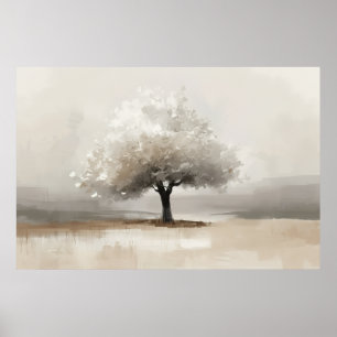 Neutral White Blossom Tree Landscape Art Poster