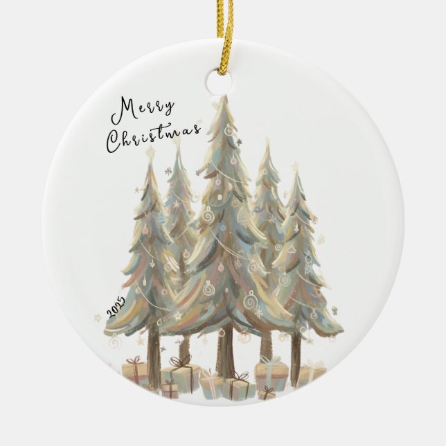 Neutral White Christmas Trees Cream Holiday Ceramic Ornament (Front)