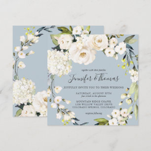 Neutral White Floral Dusty Blue Square Wedding Invitation
