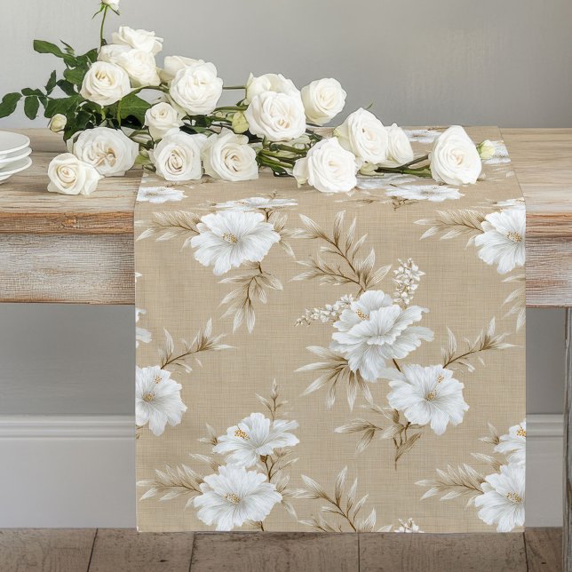 Neutral white floral taupe beige chic dining table long table runner (Neutral white floral taupe beige chic dining table runner

)