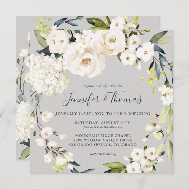 Neutral White Floral Wreath on Taupe Wedding Invitation (Front/Back)