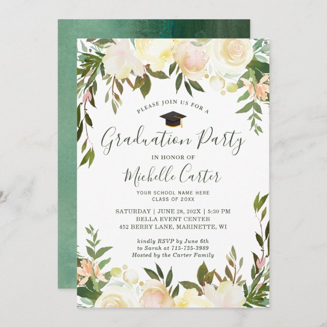 Neutral White Greenery Floral Graduation Party Invitation (Front/Back)