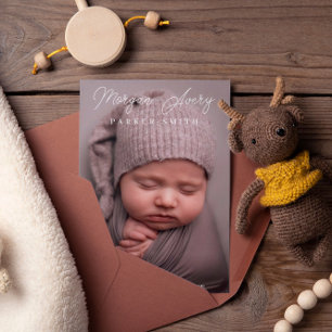 Neutral White Name Signature Script New Baby Photo Announcement