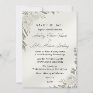 Neutral White Ranunculus & Olive Branch Save Invitation