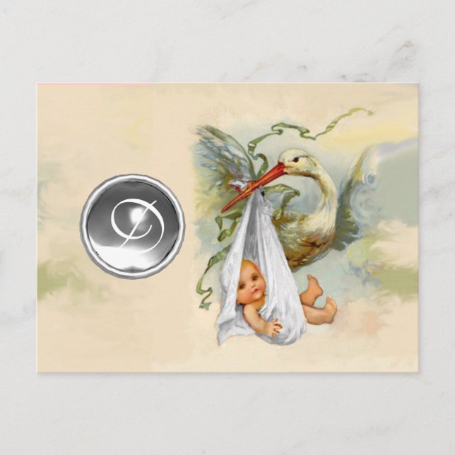 NEUTRAL WHITE STORK BABY SHOWER GEMSTONE MONOGRAM INVITATION POSTCARD (Front)