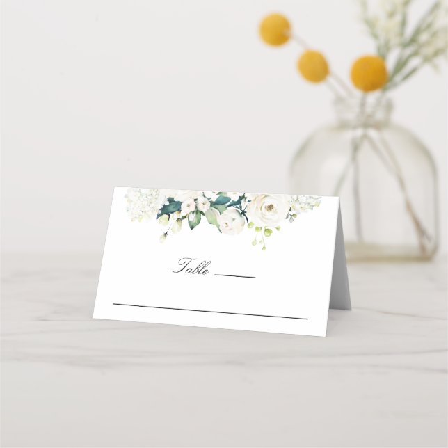 Neutral White Watercolor Floral Wedding Place Card (Front)