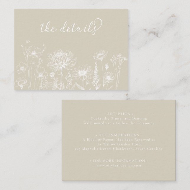 Neutral Wildflower Details Card Minimalist Wedding (Front/Back)