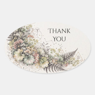 Neutral Wildflower Fern Wedding Thank You Oval Sticker