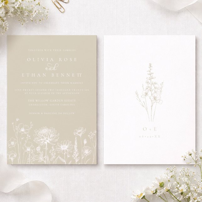 Neutral Wildflower Line Art Wedding Invitation (Wildflower Cream Wedding Invite)