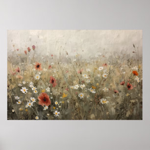 Neutral Wildflower Meadow Poppies Daisies Poster