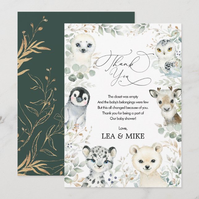 Neutral Winter Wonderland Cute Animals Baby Shower Thank You Card (Front/Back)