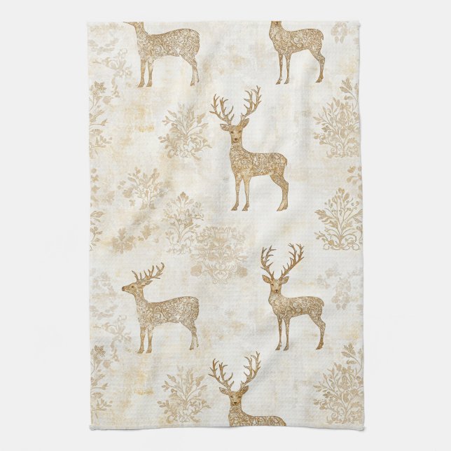 Neutral Woodland Deer Pattern Tea Towel (Vertical)