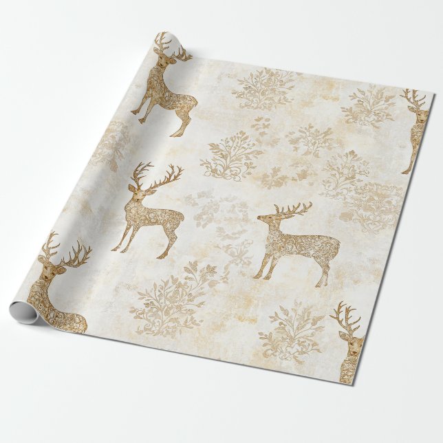 Neutral Woodland Deer Pattern Wrapping Paper (Unrolled)