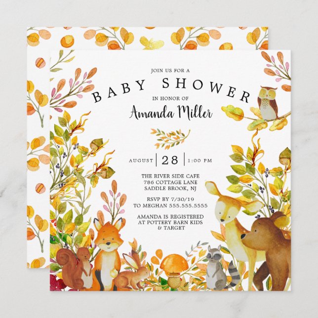 Neutral Woodland Forest Animals Baby Shower Invitation (Front/Back)