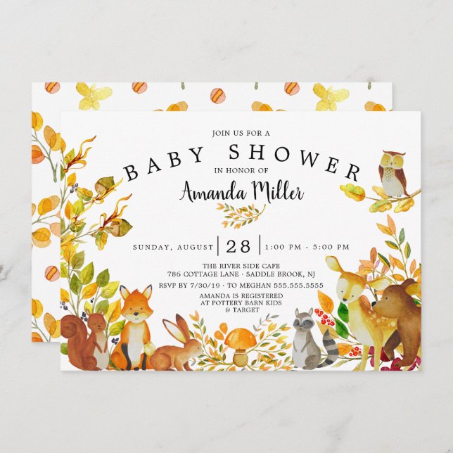 Neutral Woodland Forest Animals Baby Shower Invitation (Front/Back)