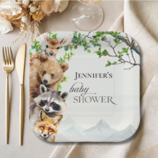 Neutral Woodland Wildlife Baby Shower Party Table Paper Plate