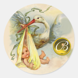 NEUTRAL YELLOW STORK BABY SHOWER GEMSTONE MONOGRAM CLASSIC ROUND STICKER