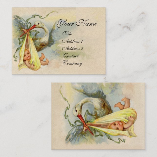 NEUTRAL YELLOW STORK BABY SHOWER Pearl paper Business Card (Front/Back)