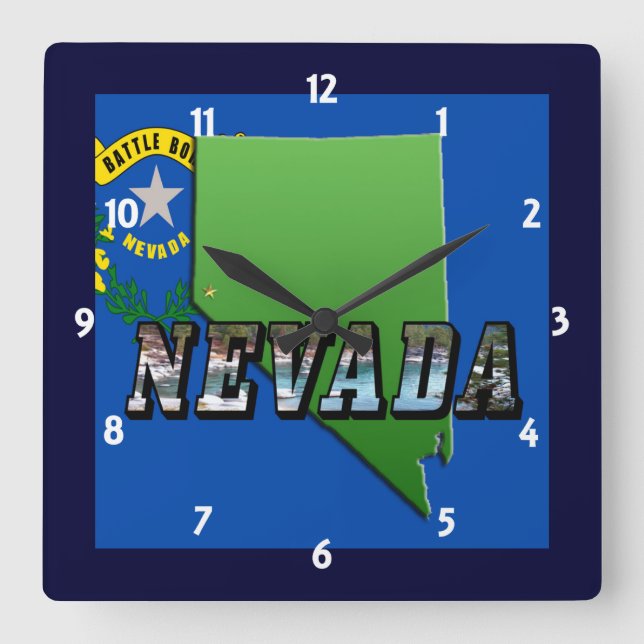 Nevada Map Outline, Picture Text and Flag Square Wall Clock (Front)