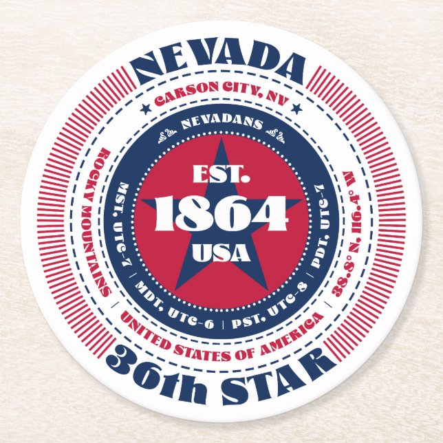 Nevada Red White Blue Typography Round Paper Coaster (Front)
