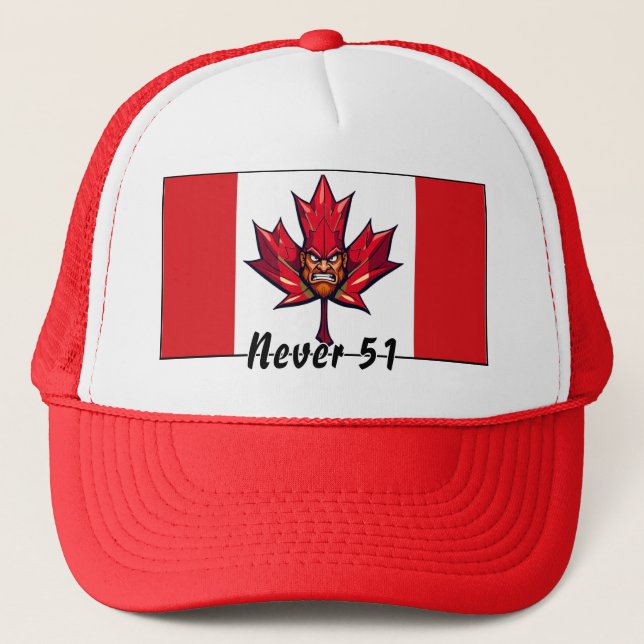 Never 51, Canada Canadian Flag, Angry Warrior Face Trucker Hat (Front)