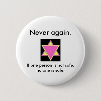 Never again. 6 cm round badge