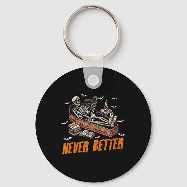 Never Better Funny Skeleton Reading Book In Coffin Key Ring (Front)