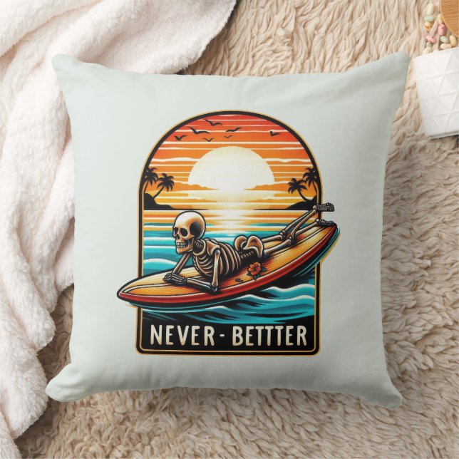 Never Better - Skeleton Surfing Sunset Wave Cushion (Blanket)