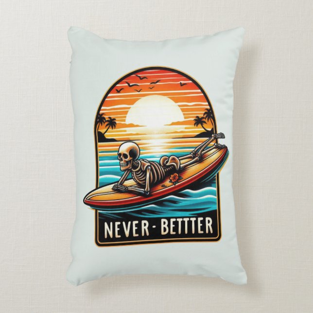 Never Better - Skeleton Surfing Sunset Wave Decorative Cushion (Front(Vertical))