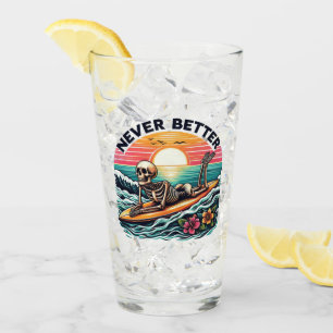 Never Better - Skeleton Surfing Sunset Wave Design Glass