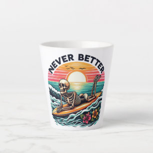 Never Better - Skeleton Surfing Sunset Wave Design Latte Mug