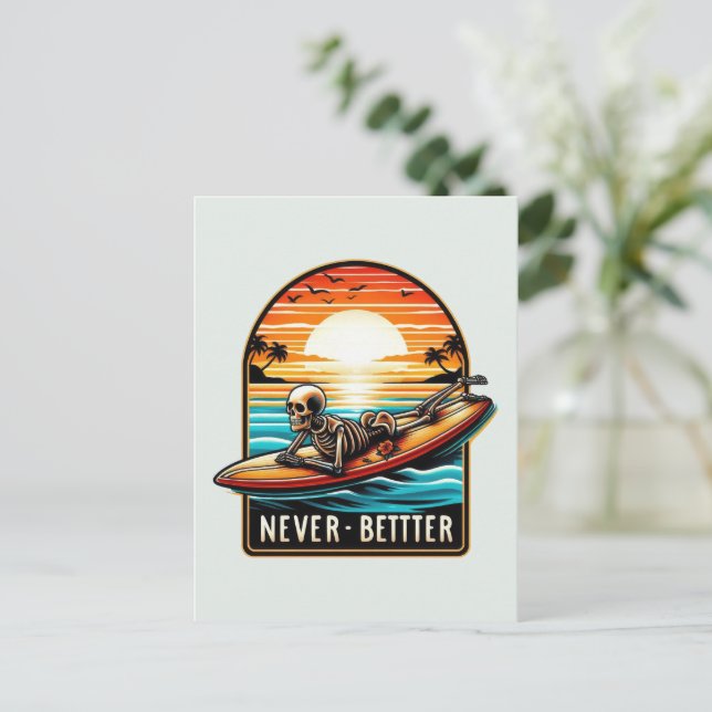Never Better - Skeleton Surfing Sunset Wave Holiday Postcard (Standing Front)