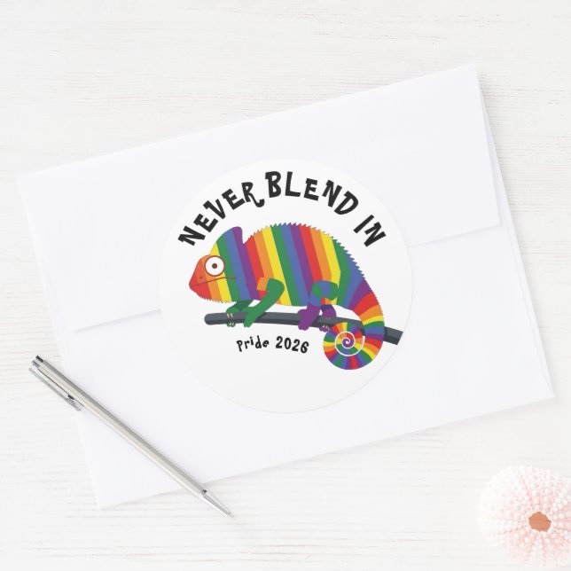 Never Blend In Rainbow Chameleon Pride Classic Round Sticker (Envelope)