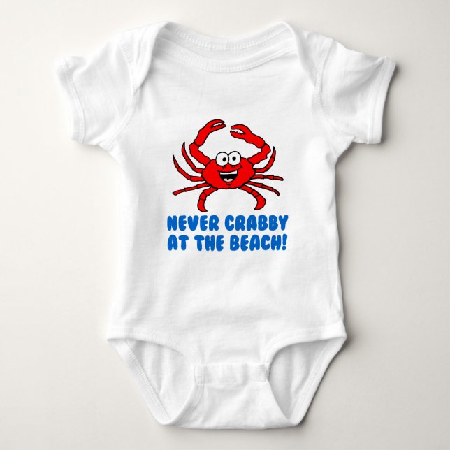 Never Crabby At The Beach Baby Bodysuit (Front)