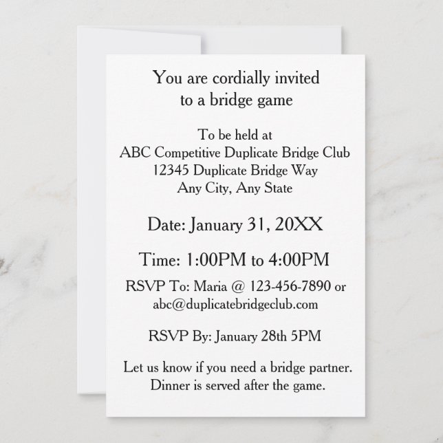 Never Criticise Your Partner During Play Bridge Invitation (Back)