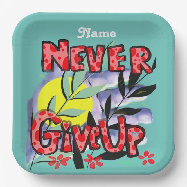 Never Give Comic Collage Square Paper Plate (Front)