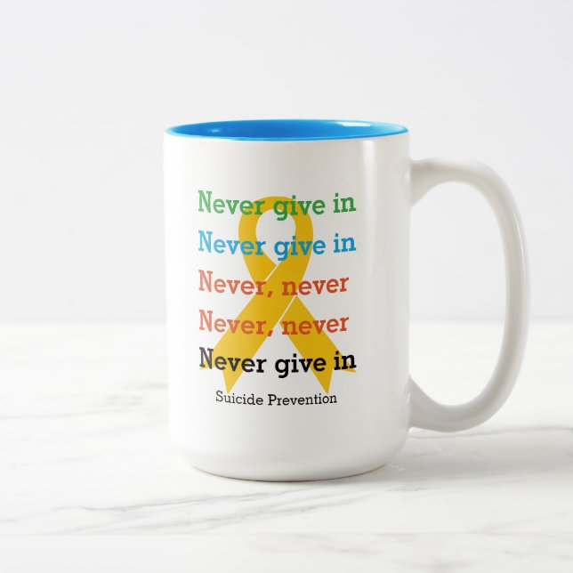 NEVER GIVE IN Inspirational Churchill Quote Two-Tone Coffee Mug (Right)