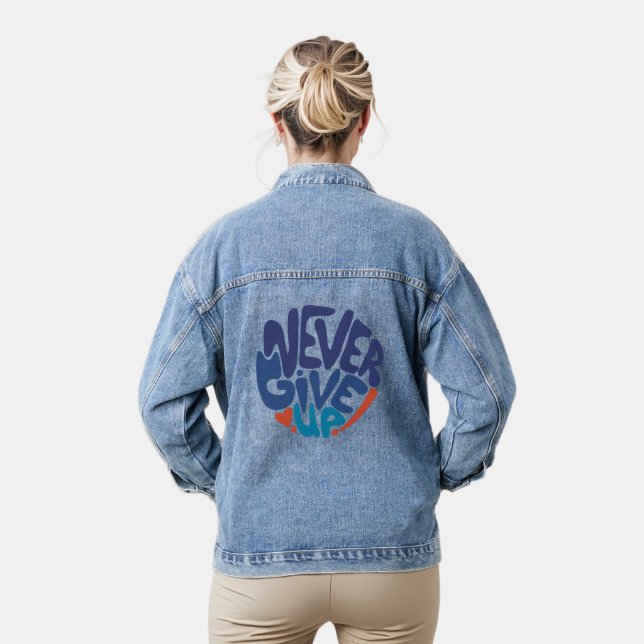 Never Give Up - Blue and Red Birthday Quote Denim Jacket (Model)
