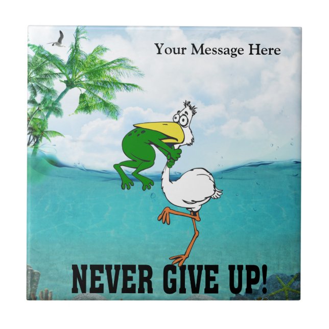 Never Give Up Frog Choking Bird Ceramic Tile (Front)