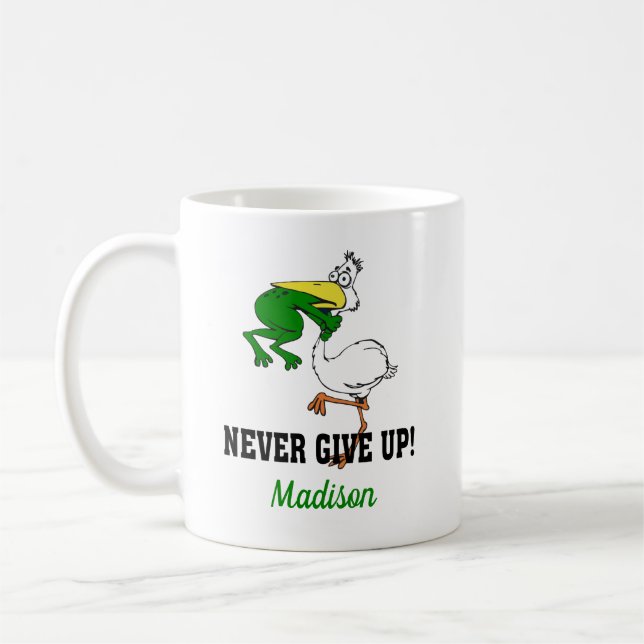 Never Give Up Frog Choking Bird Coffee Mug (Left)