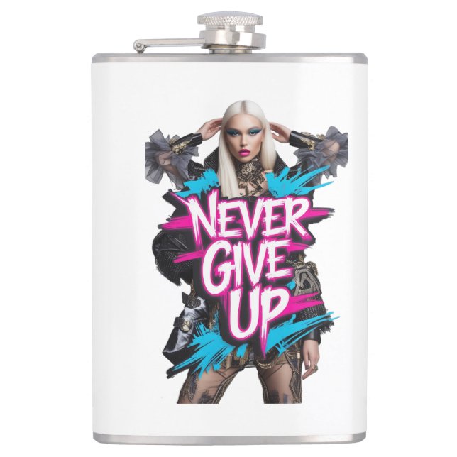Never Give Up Graffiti Quote Hip Flask (Front)