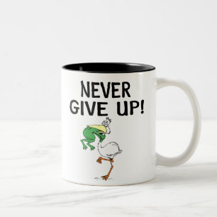 Never Give Up Motivational Pelican and Frog Two-Tone Coffee Mug
