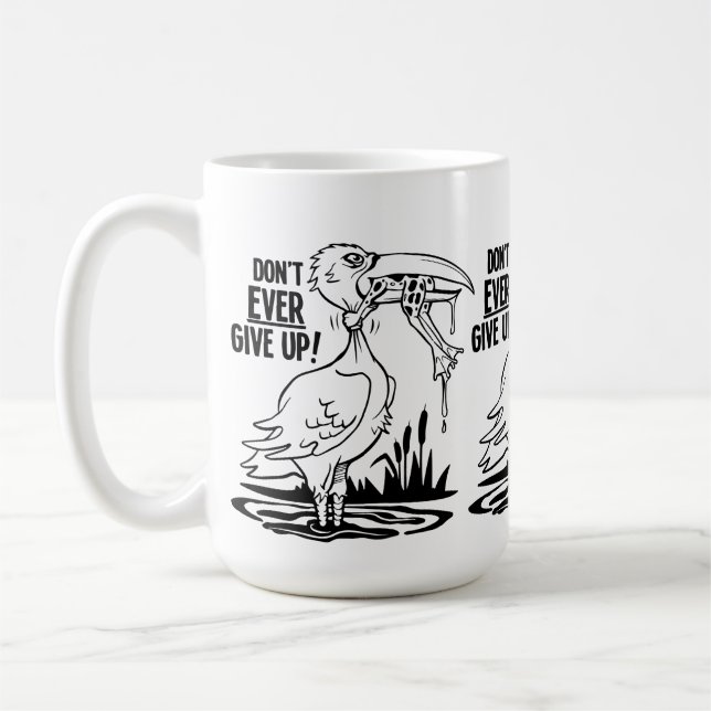Never Give Up Pelican and Frog Coffee Mug (Left)