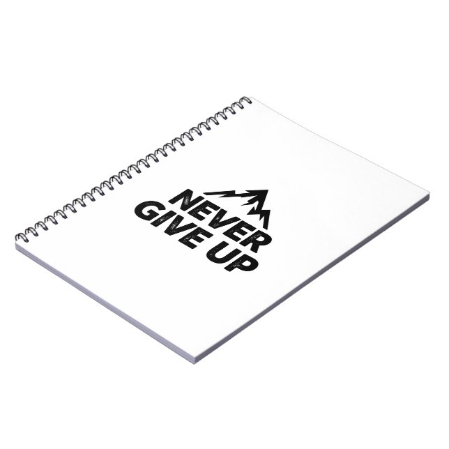 Never give up text with mountain peak  notebook (Left Side)
