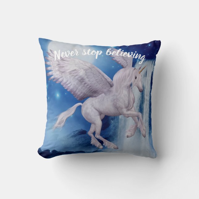 Never Stop Believing Unicorn Inspirational Cushion (Front)