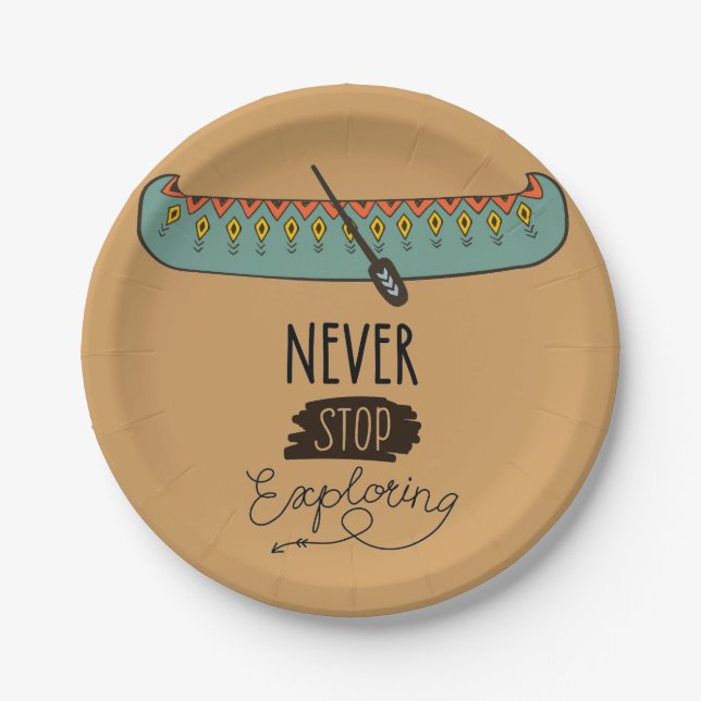 Never Stop Exploring Canoe Paper Plate (Front)